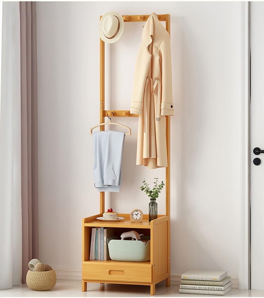 Porte-manteau en bambou chambre avec tiroirs et étagère de rangement