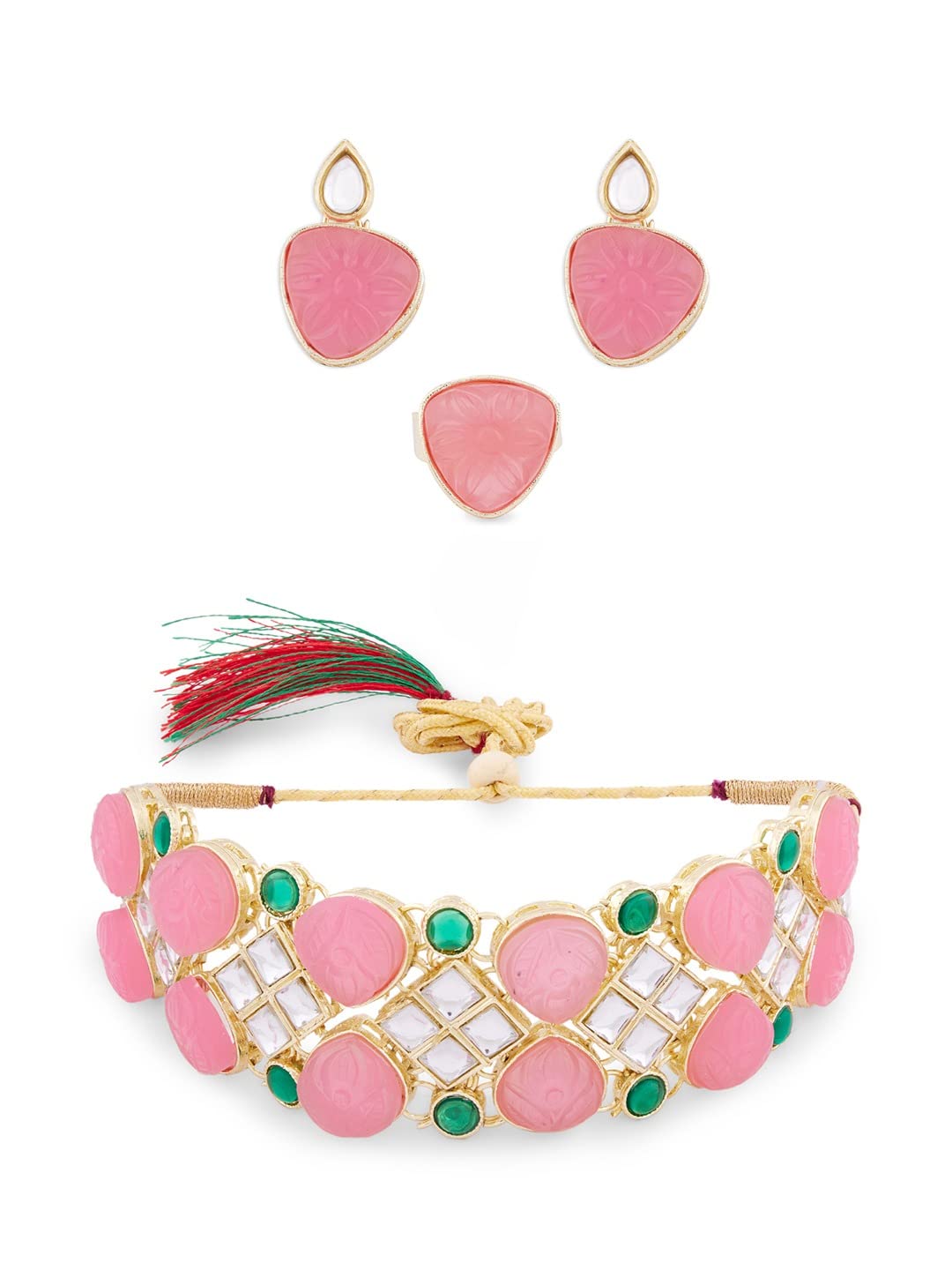 ZAVERI PEARLS Pink & Green Stones Ethnic Kundan Choker Necklace Earring & Ring Set For Women-ZPFK13805 (B0B1JFHRYB) Amazon Price History, Amazon Price Tracker