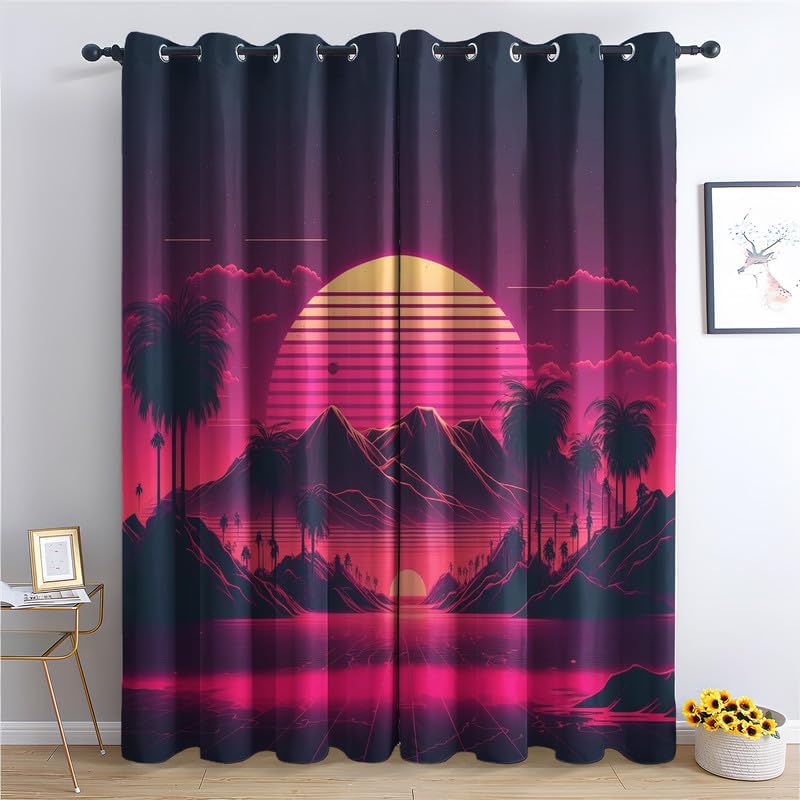 Neon Curtains for Bedroom Living Room, Sunset Blackout Curtains 63 Inch Length 2 Panels Set, Thermal Insulated Grommet Drapes, Decorative Patterned Window Treatments
