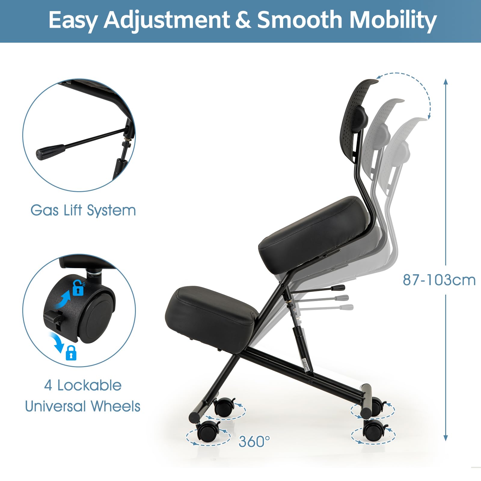 HOMASIS Genouillère Ergonomique, Tabouret à Genoux avec 4 roulettes & Freins, réglable en Hauteur, Chaise de Bureau avec Coussin d'assise épais, Pouf orthopédique Chaise d'ordinateur (avec Dossier)