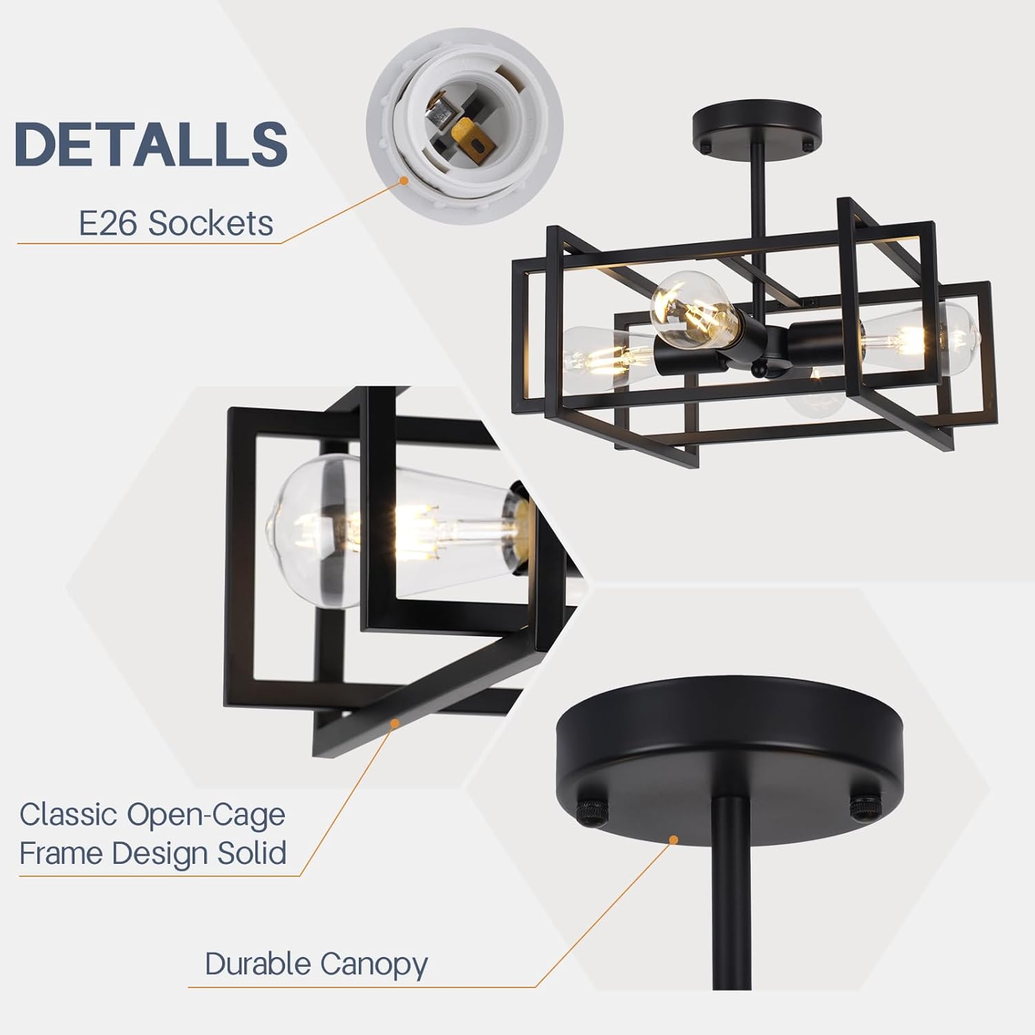 16.54'' Matte Black Metal Drum Semi-Flush Mount Ceiling Light