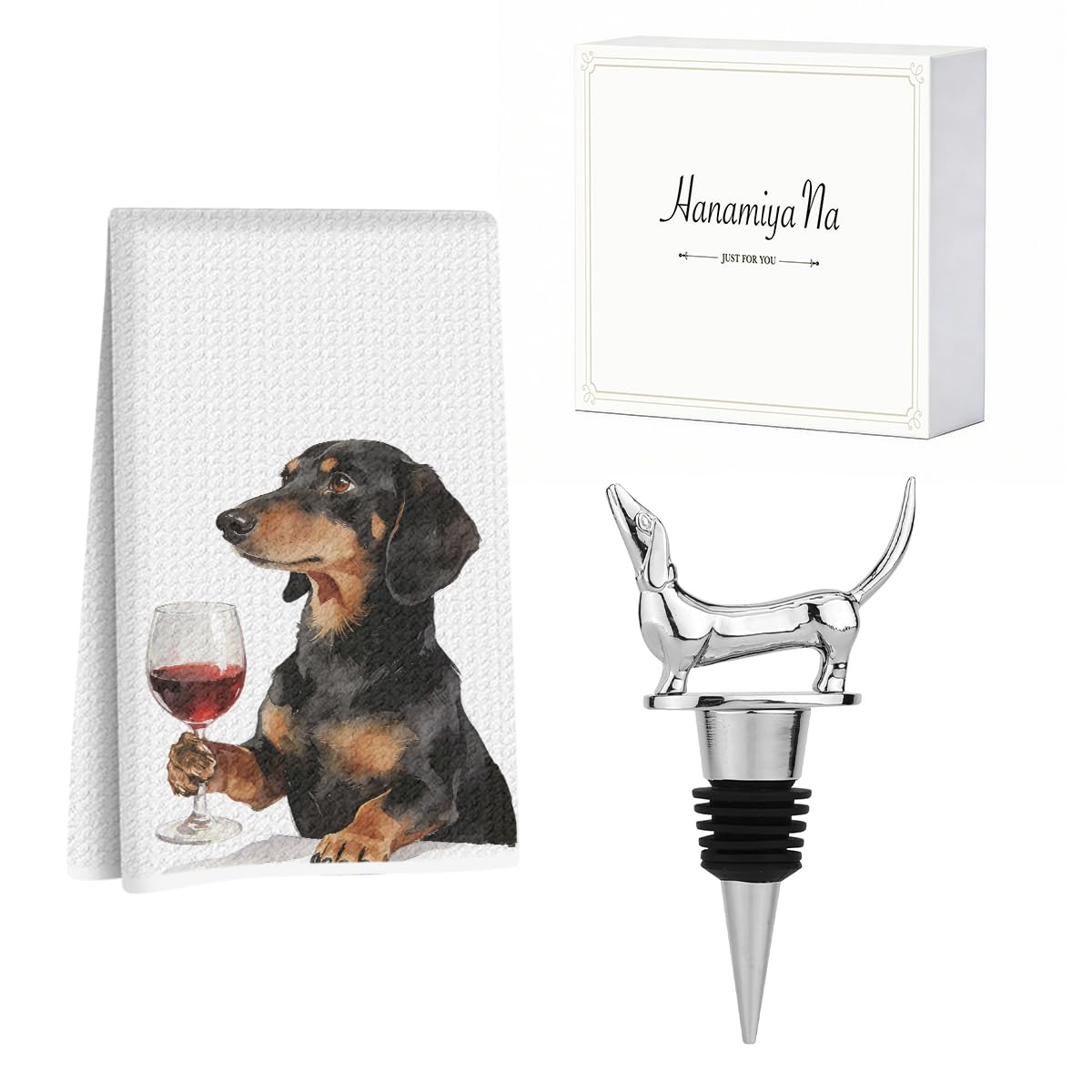 Hanamiya Na Funny Dachshund Kitchen Towels with Wine Bottle Stopper