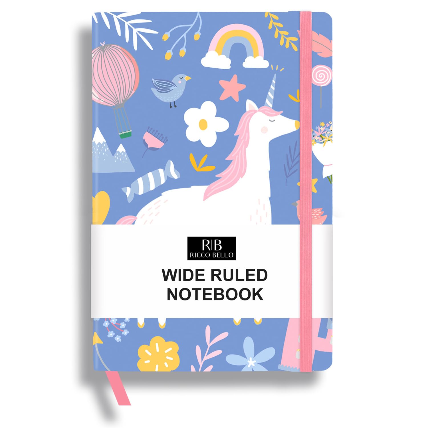 RICCO BELLO Notatnik w twardej okładce z szeroką linią, elastyczne zapięcie, 14 x 21 cm, biały papier 80 g/m², 192 strony, uroczy design dla dzieci i dorosłych (niebieski jednorożec)