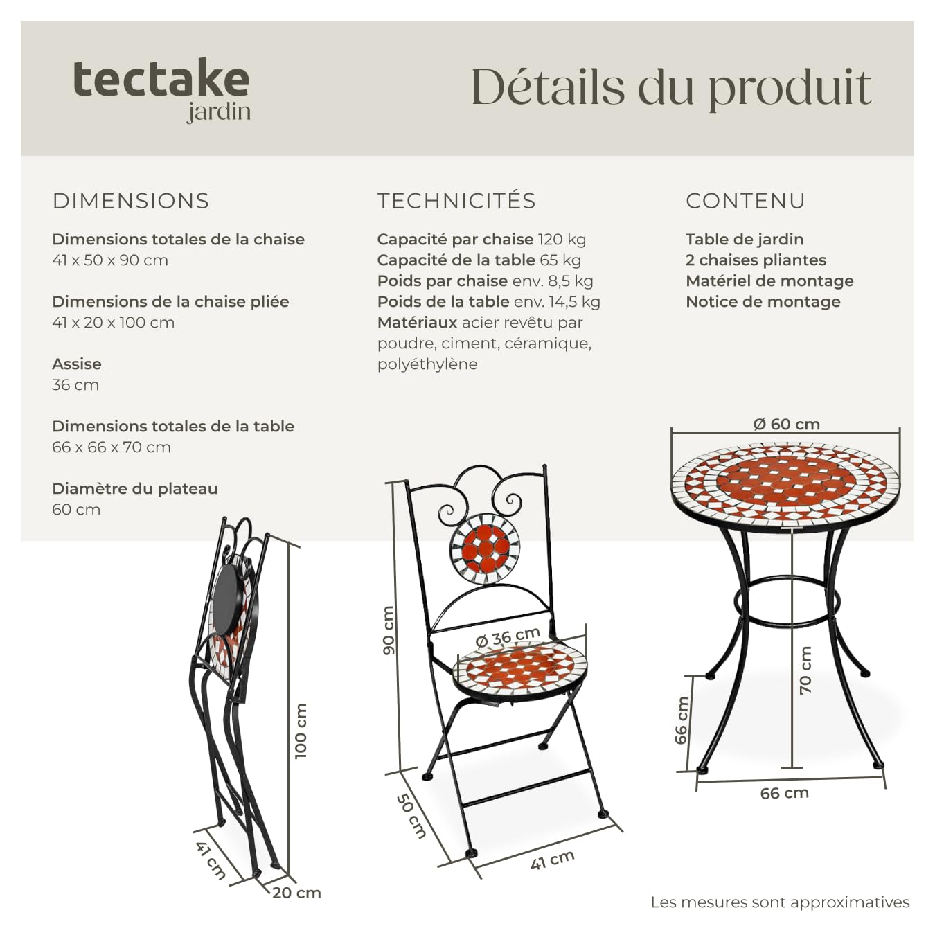 tectake® Ensemble Table et Chaises en Mosaïque Table de Bistrot Bar Salon de Jardin Exterieur, Structure en Acier lâqué époxy, Mobilier de Jardin Amenagement Balcon Terrasse