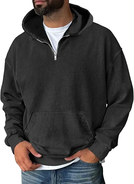 Mens Quarter Zip Pullover Hoodies Casual Fleece Long Sleeve Vintage Sweatshirt Hooded Sweatshirts with Pocket Work Clothes for Men Mens Sherpa Hoodie Hoodies for Men Zip Up Fall Sweatshirts Black