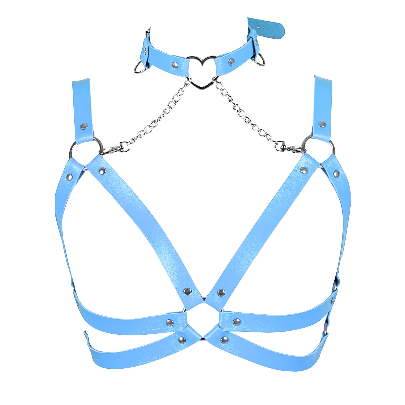 Lingerie cage Chest strap Leather Bra Body chain harness for women Punk Festival rave Dance Rock Photography Waist belt: Sky Blue