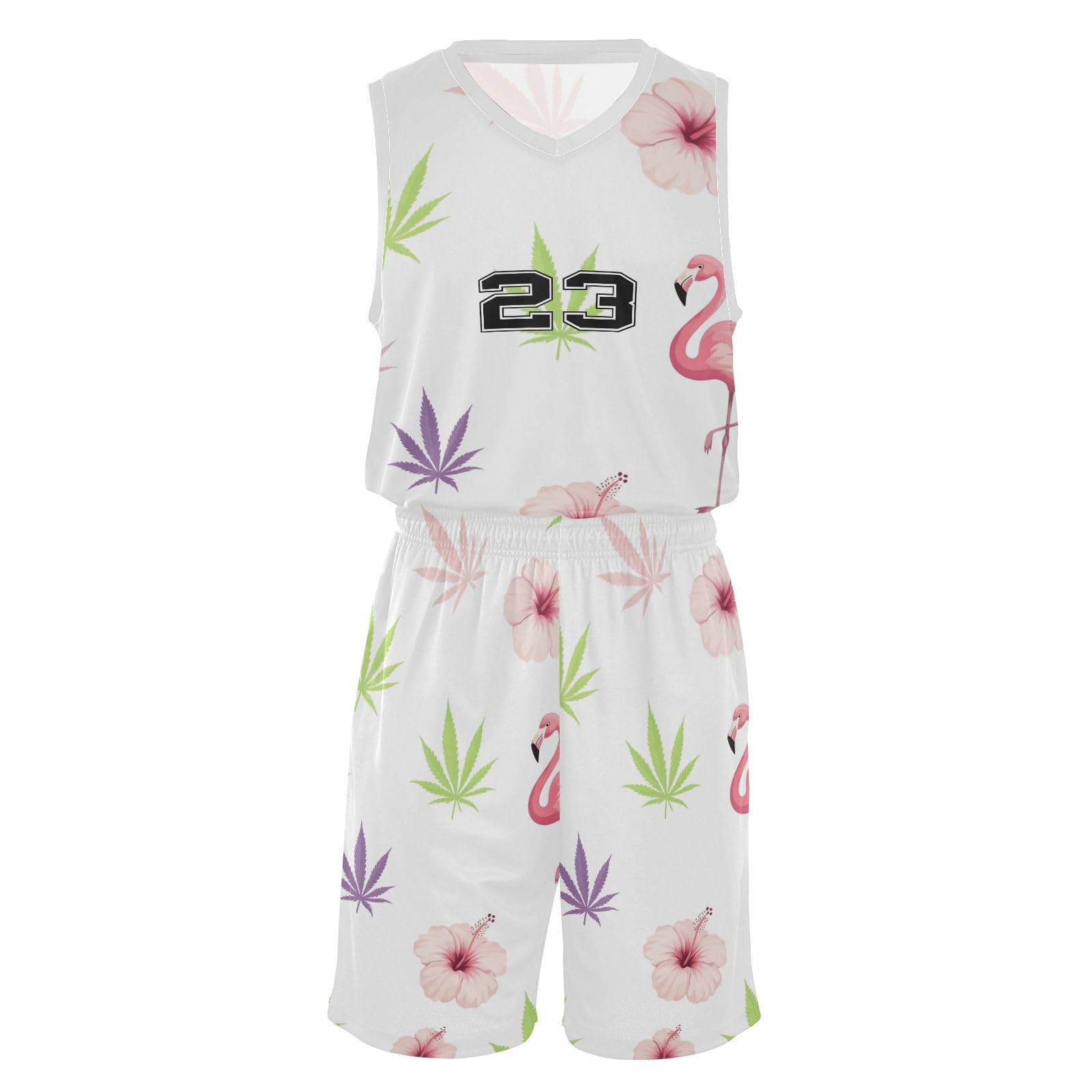 FLildon Pink Flamingos Tropical Flowers Boys Basketball Jersey Set Tank Top Shorts Tracksuit Sport Training Suit for Kids, XXL