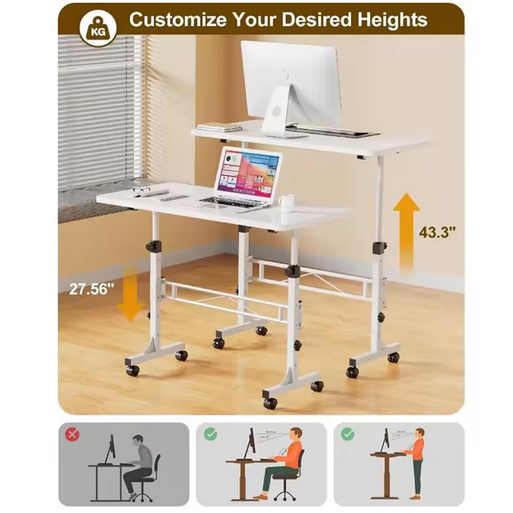 Bureau réglable en hauteur avec plateau blanc, table de lit sur roulettes, table d'ordinateur portable peu encombrante pour salon, chambre à coucher, bureau, lit, canapé, 80 x 40 x 70 ~ 100