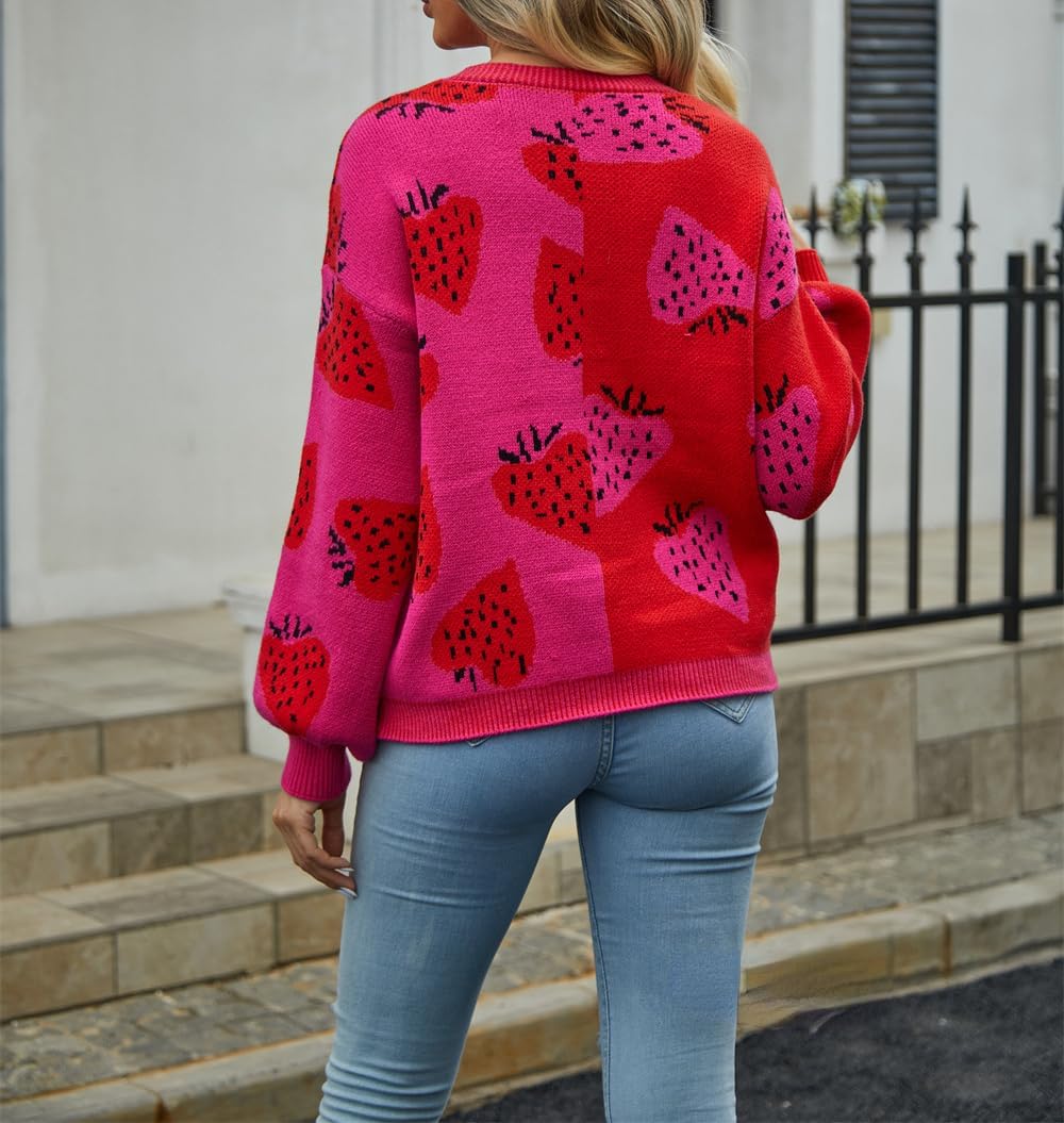 Sumleno Women's Cute Strawberry Graphic Cardigan Sweaters Button Down Color Block Knit Trendy Y2K Aesthetic Preppy Clothes - Image 6
