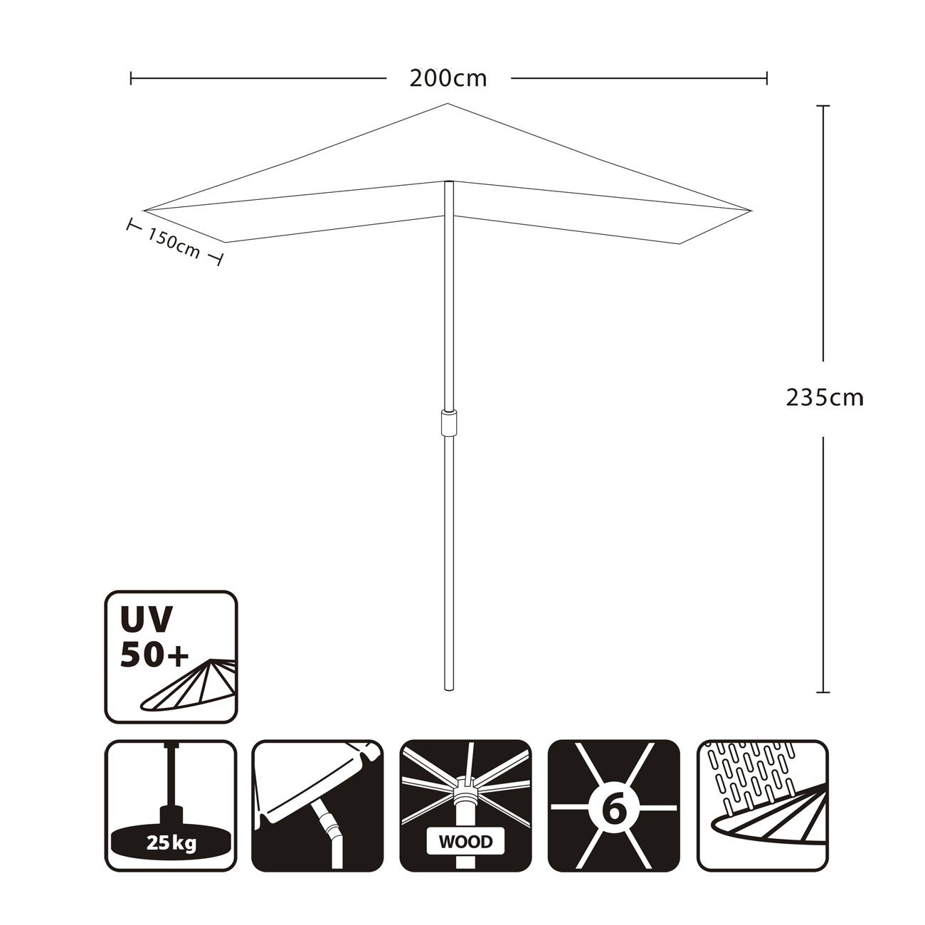 Sekey 200 × 150 cm Rechteckig Holz Sonnenschirm Marktschirm Gartenschirm Terrassenschirm Balkonschirm mit knickbar UV50+ Creme