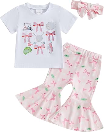 Toddler Girl Golf Outfits Long/Short Sleeve Sweatshirt Romper Flare Pants Headband 3Pcs Set Newborn Cute Clothes