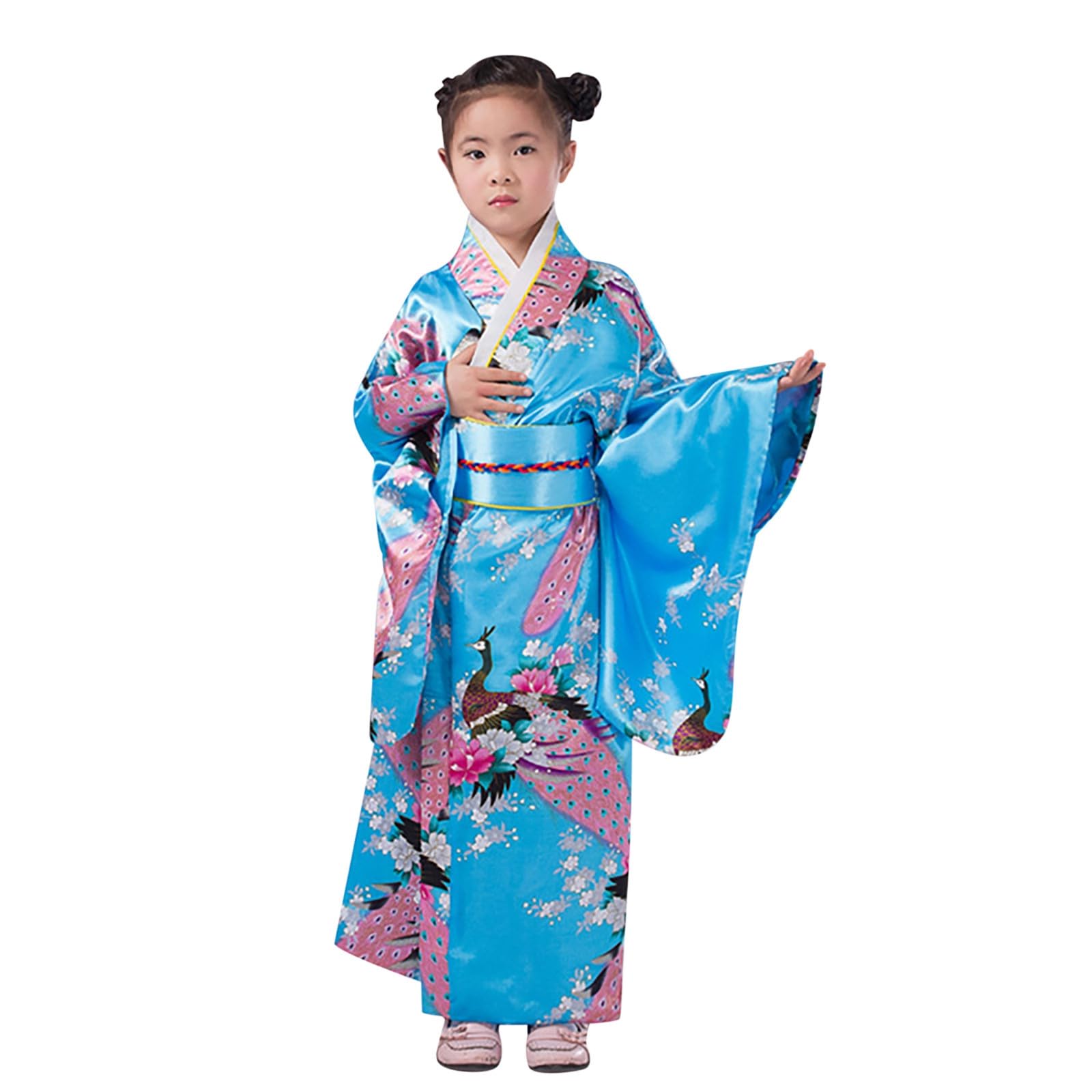 Kimono Japonais pour Filles, Robe Japonaise Kimono Enfant Imprimé Peignoir Long Robe Chinoise de Chambre Fille Gamins Traditionnel Classique Soie Tissu Peignoir Mariage Fête Performance Robes