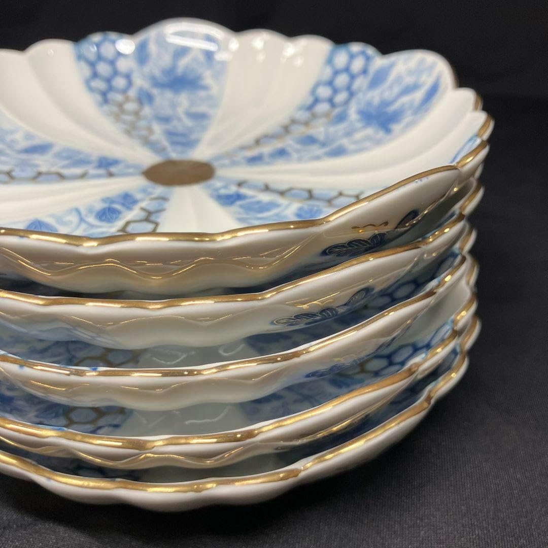 有田焼 西山窯 菊花 金彩 花唐草 亀甲 菊割 プレート 5客 中皿 西山