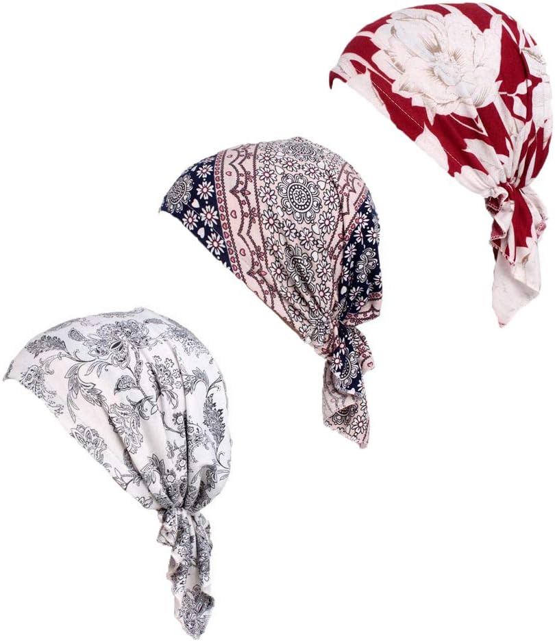 Pre Tied Chemo Head Scarf 3 Packed Beanie Skull Cover Cap for Women (Set6-Long Style)