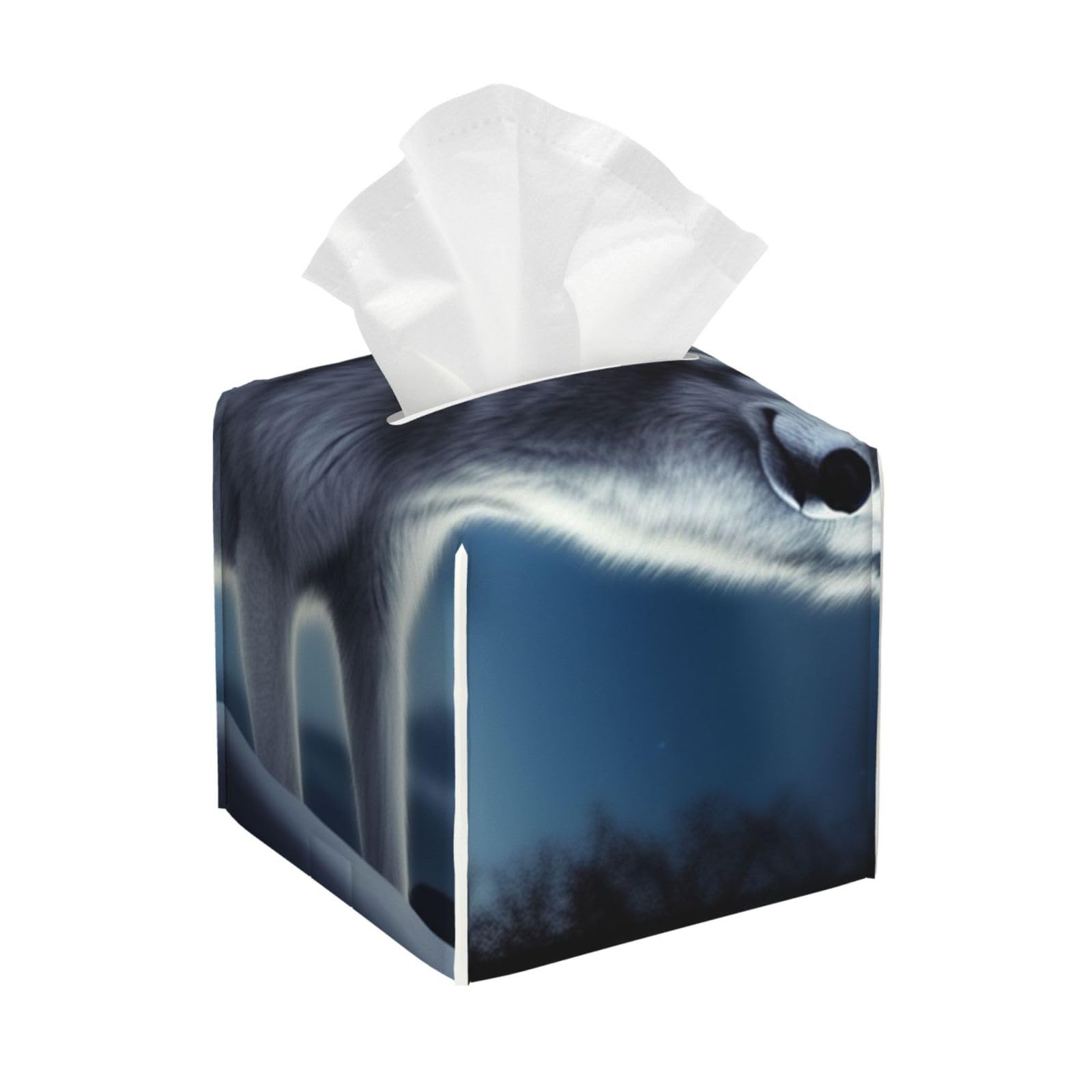 Pu Leather Cube Tissue Box Holders Modern Waterproof Square Tissue Box Cover Wolf Under Moon Facial Paper Holder for Bathroom Kitchen Nightstand Office Home Decor