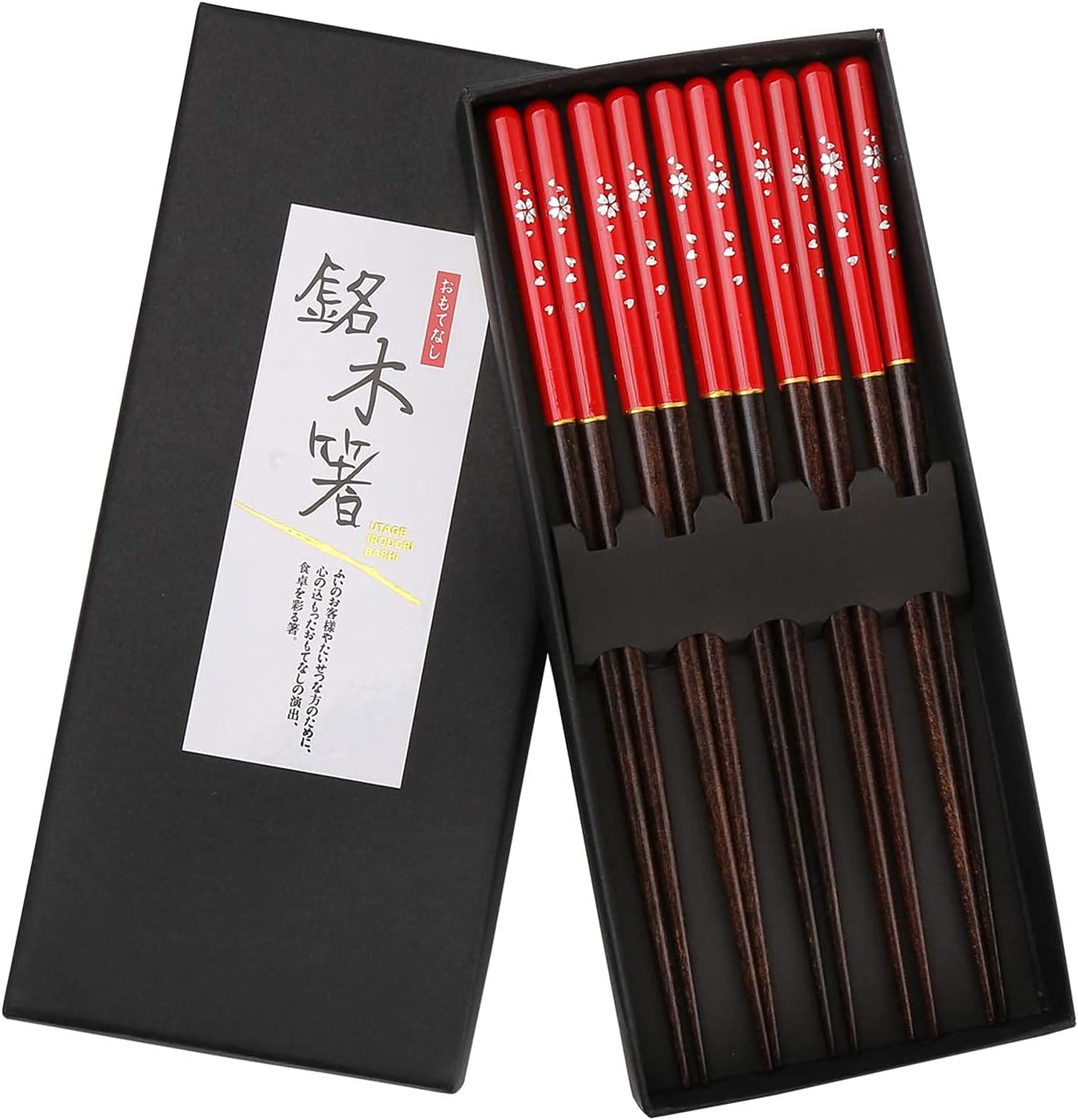 TOTKEN Chopsticks, 9 Inch Japanese Natural Wooden Chopsticks Reusable and Durable 5 Pairs Lightweight Wood Chopsticks for Sushi, Pasta, Or Chinese Japanese Dishes with Gift Box(Red)