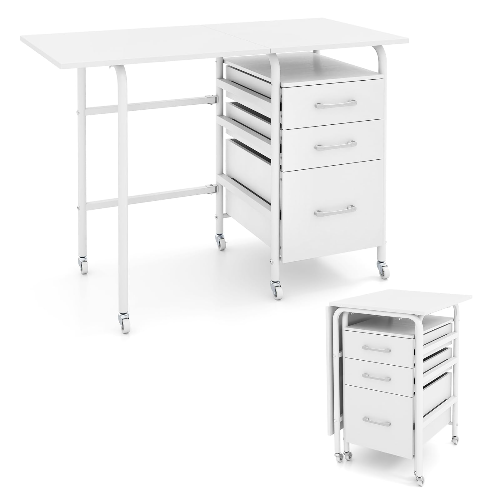 COSTWAY Scrivania Salvaspazio con 3 Cassetti e Ruote Bloccabili, Scrivania Porta PC Pieghevole con Struttura in Metallo per Studio e Ufficio, 105 x 50 x 75 cm, Portata 100 kg (Bianco)