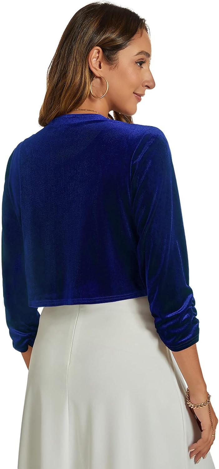 MINTLIMIT Velvet Shrug for Women's Ruched 3/4 Sleeve Open Front Cardigan Elegant Cocktail Party Cropped Bolero Jacket