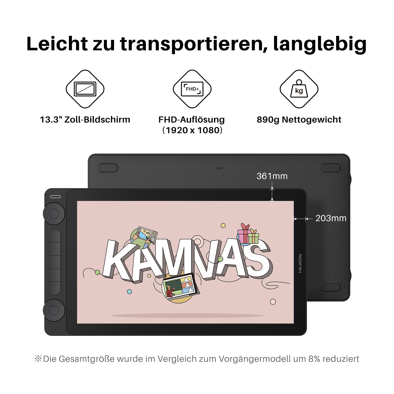 HUION Kamvas 13 Gen 3 Grafiktablett mit Display, 13,3 Zoll Anti-Glare Glas Zeichentablett mit PenTech 4.0, 16384 Stiftdruck, 5 Drucktasten, Dual Dial Perfekt für Designer, Künstler, Schwarz