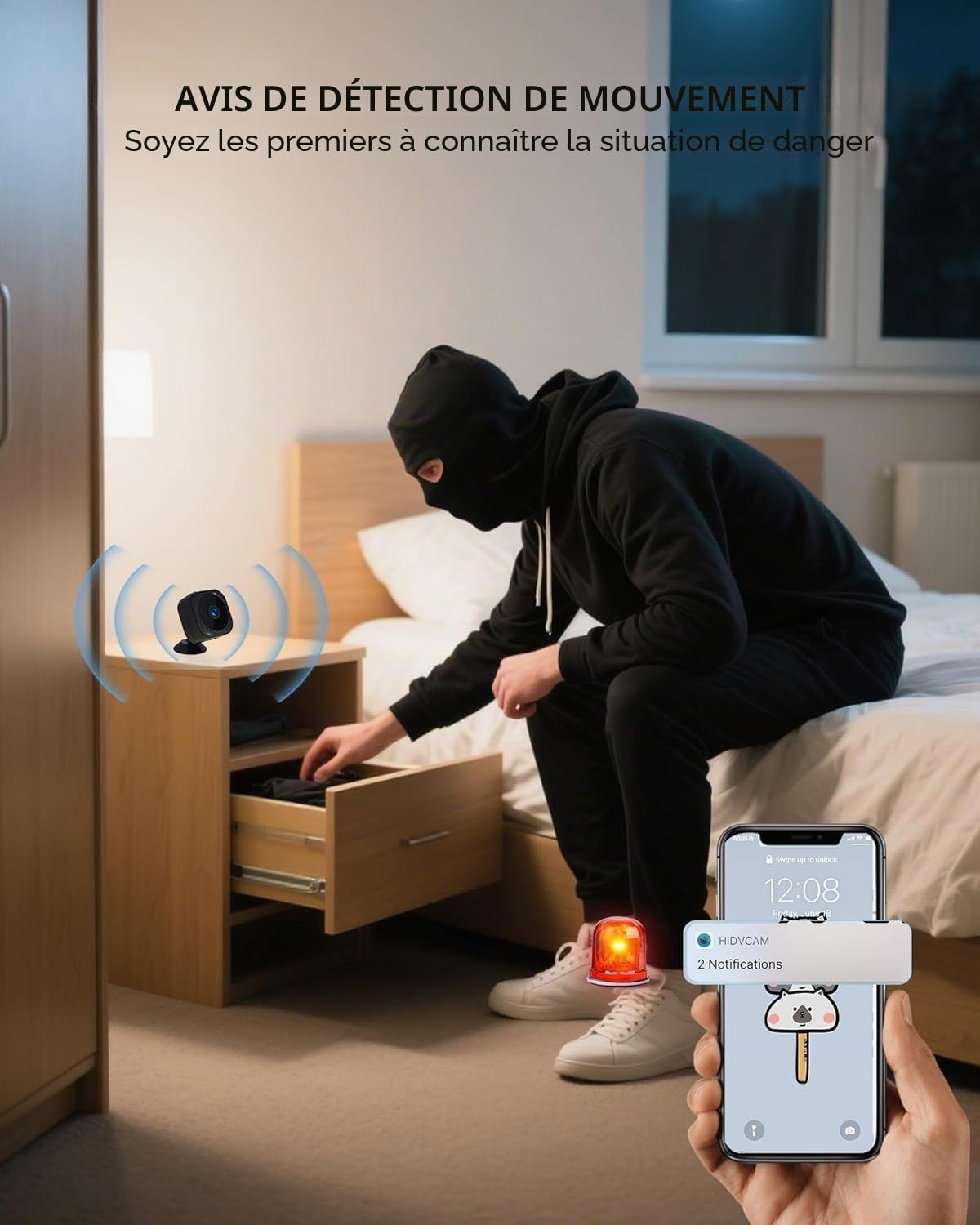 Generico Caméra de sécurité WiFi 1080P HD, caméra intérieure avec vision nocturne 10 m, détection de mouvement, batterie rechargeable, contrôle par application