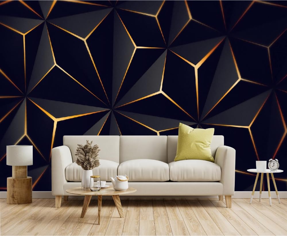 XYAIHO Black Geometry Wall Mural 157''Wx110''H, Golden Lines Peel and Stick Self-Adhesive Wallpaper Removable Large Photo Sticker TV Background Wall