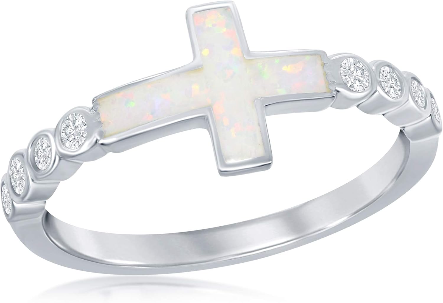 Sterling Silver/Rose Gold Plated Created White Opal Cross CZ Band Ring