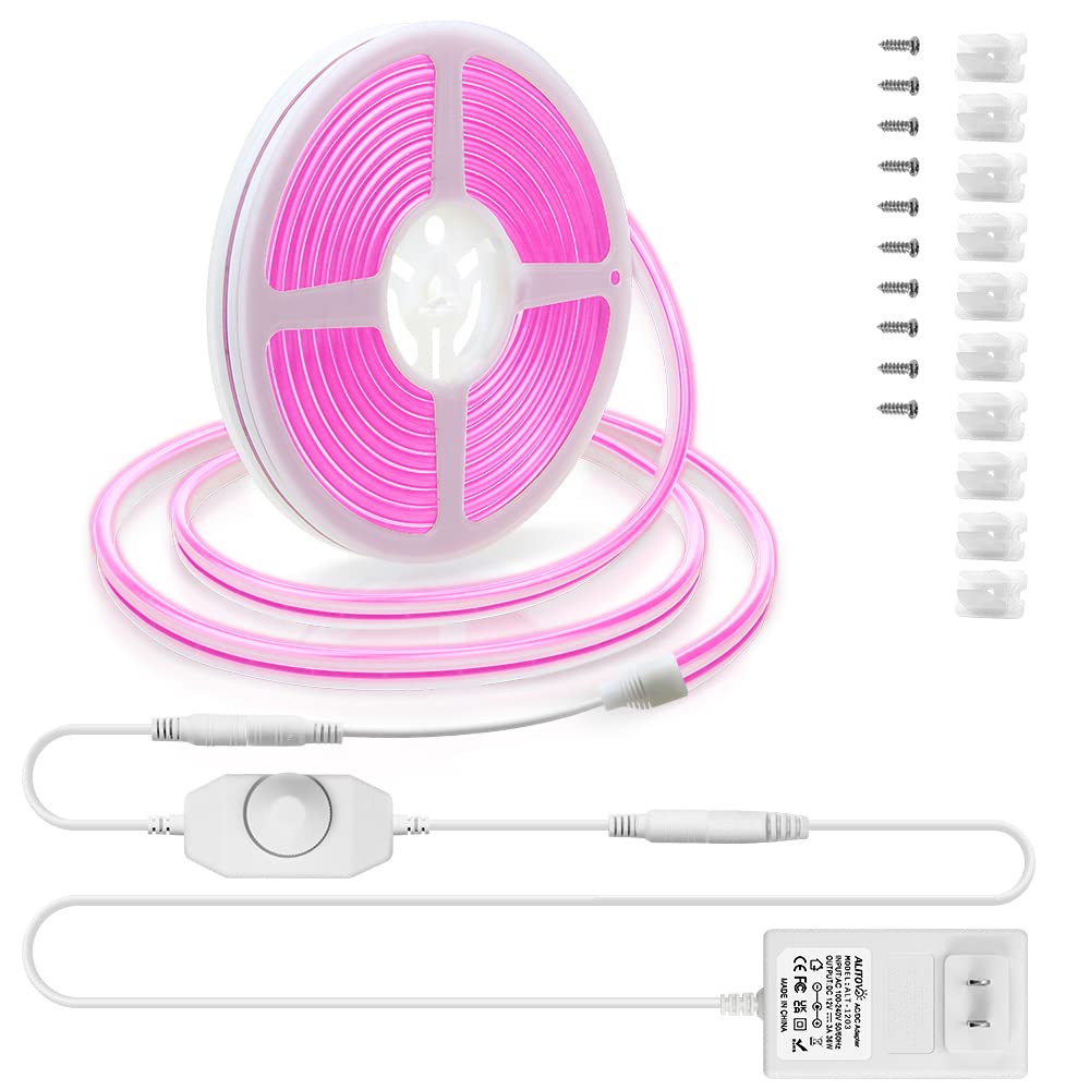 ALITOVE Pink Neon Lights Strip for Bedroom Wall Decor Custom Neon Signs Gaming Room 16.4ft Dimmable Rope Light 5M 600 LEDs 12V DC Waterproof with DIY Accessories Power Adapter Dimmer