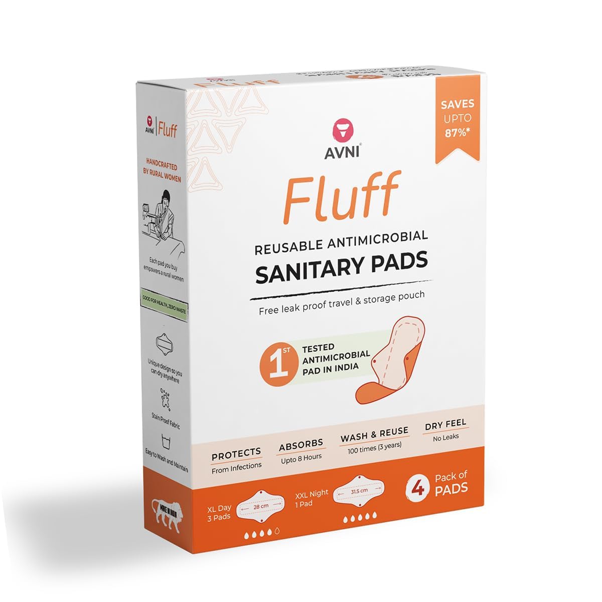 Avni - Fluff Reusable Cloth Pads, Pack of 4, Large (24 cm) | Antimicrobial Washable Cloth Sanitary Pad | With Cloth Storage Pouch