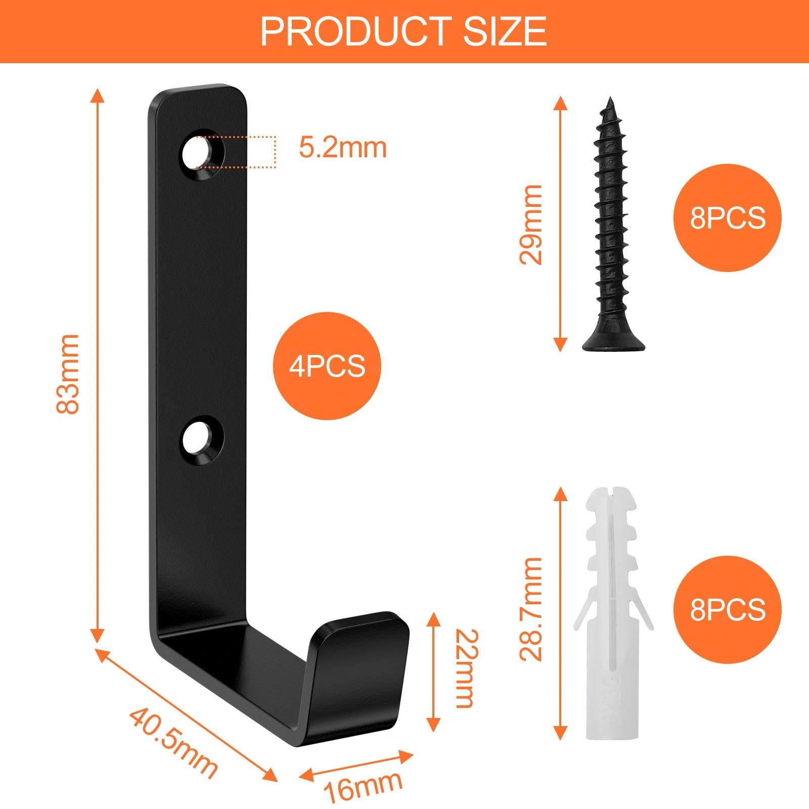 Brysalis 4 Pcs Ganchos para Colgar Resistentes, Gancho pared de Garaje Herramientas, Ganchos de Pared para Atornillar, Ganchos para Pared Forma de J, Soporte de Pared para Artículos Voluminosos — view 2