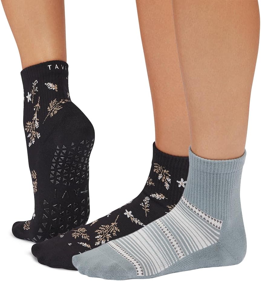 TAVI Aria Grip Socks 2-Pack – Pilates Socks with Grips for Women, Non Slip, Yoga & Barre, Ebony Floral/Tempest, Small