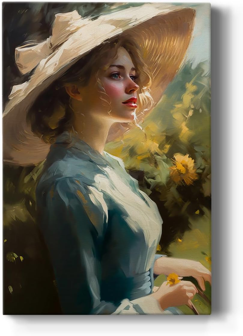 Renditions Gallery Wall Art Paintings for Lounge Elegant Woman in White Hat Beautiful Iceblue Dress Yellow Flowers Abstract Canvas Artwork Prints for Bedroom Kitchen - 12" X 18" LT564