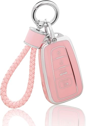 YO&YOYE Funda para llavero Toyota con llavero, funda de protección de TPU suave rosa para Camry RAV4 Highlander Avalon C-HR Prius Corolla GT86