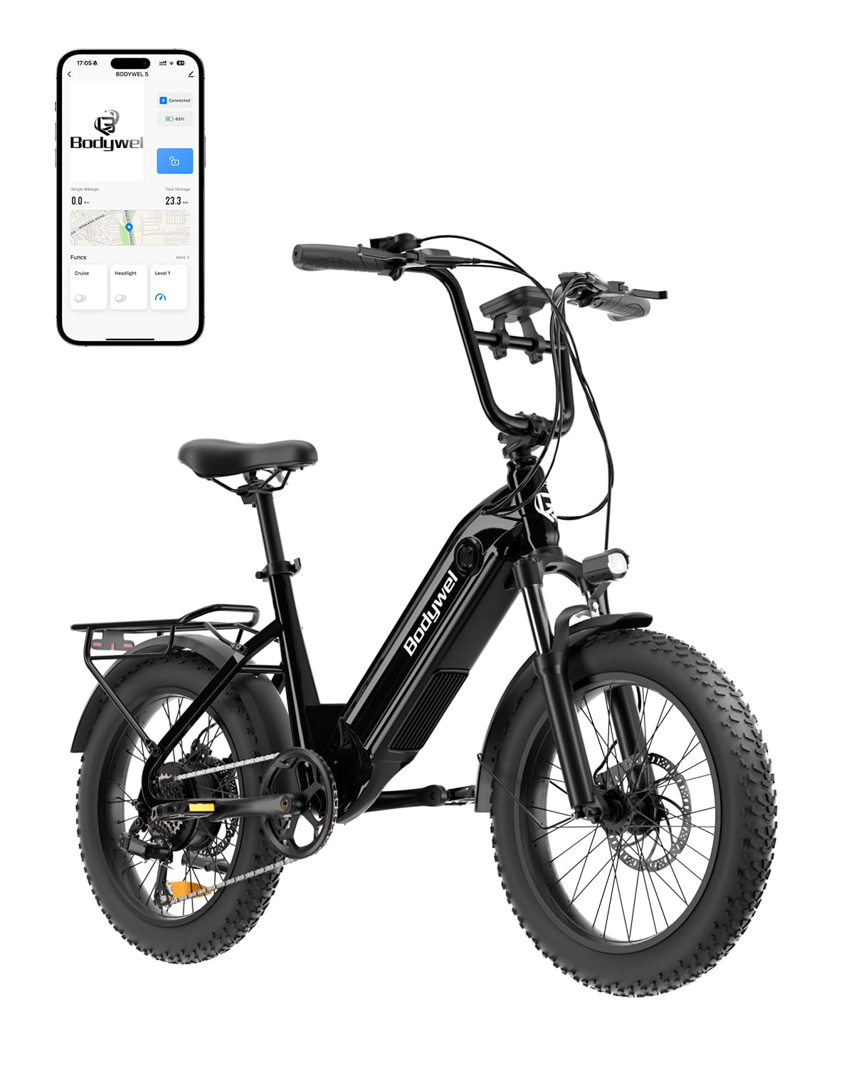 Bodywel F20 E-Bike Adulto 48V 15Ah Batteria 250W Motore 25 km/h, Bici Elettrica Fatbike 20 Pollici per Uomo e Donna, 7 Velocità, Display Smart APP, Freni a Disco 180mm, Portapacchi