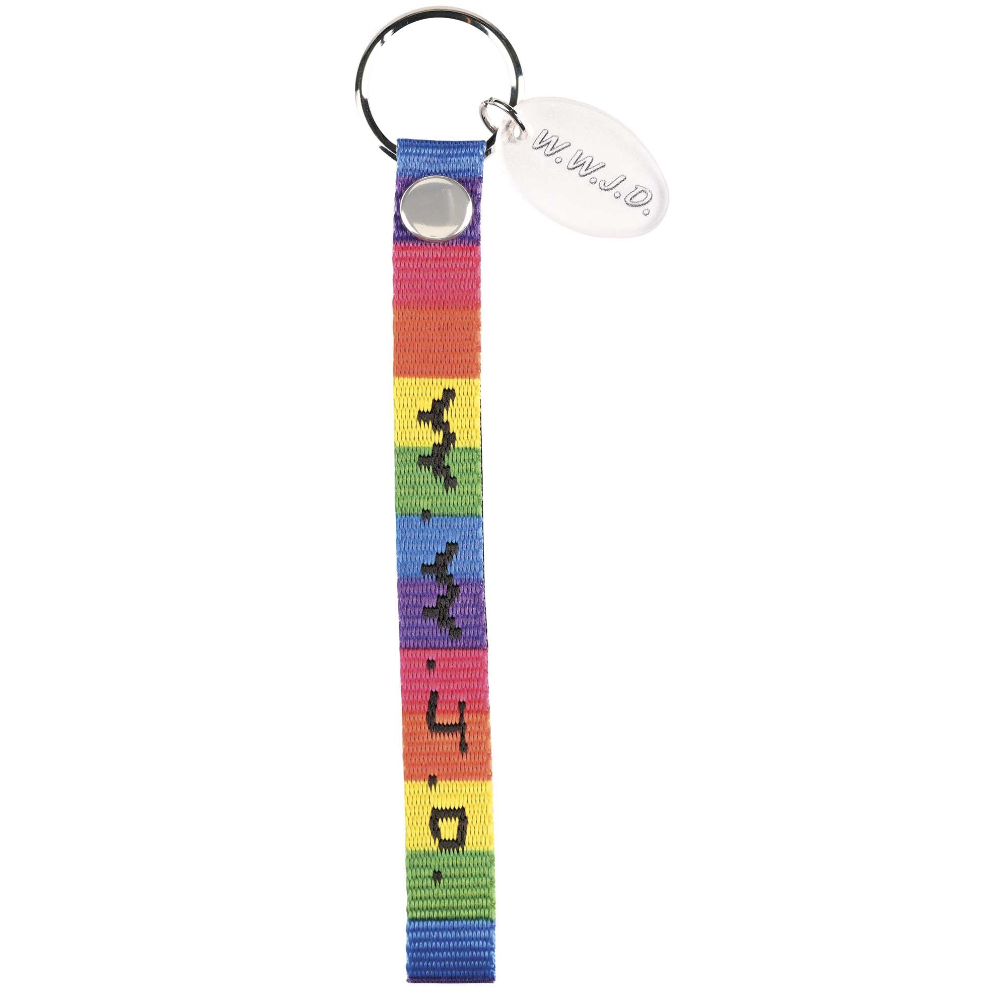 ons WKC-16 W.W.J.D Rainbow Colors 10 Inches In Length Woven Polyester Wristlet Key Ring Keychain, Rainbow Colors, 10 Inch