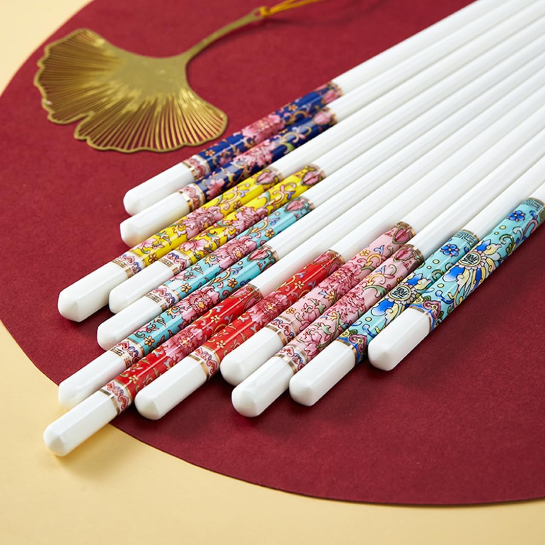 Coffret Cadeau de 10 Paires de Baguettes en Porcelaine Chinoise, réutilisables et lavables au Lave-Vaisselle, avec étui, Baguettes antidérapantes en céramique o(R)