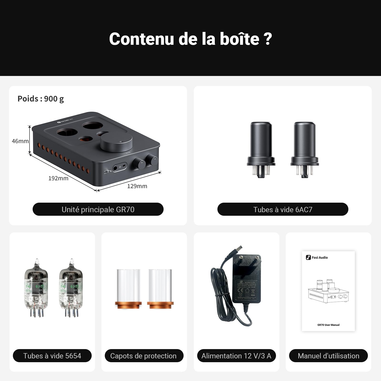 Fosi Audio GR70 Préampli Casque à Lampes, Amplificateur à Lampes Authentique avec Vide 5654W x 2 et 6AC7 x 2, Mini Préamplificateur HiFi pour Audio Domestique, Impédance de 16 à 300 ohms