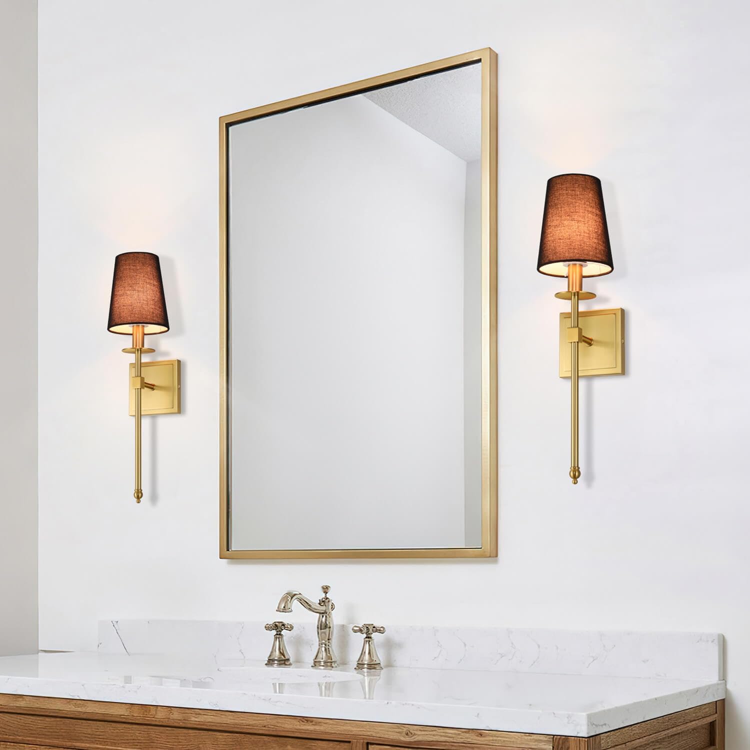 XiNBEi Lighting Wall Sconces Set of 2, Hardwired Brushed Brass Sconce Lighting with Black Fabric Shade Modern Wall Mount Light Fixture for Bathroom Bedroom Living Room Hallway XB-W1307-BS