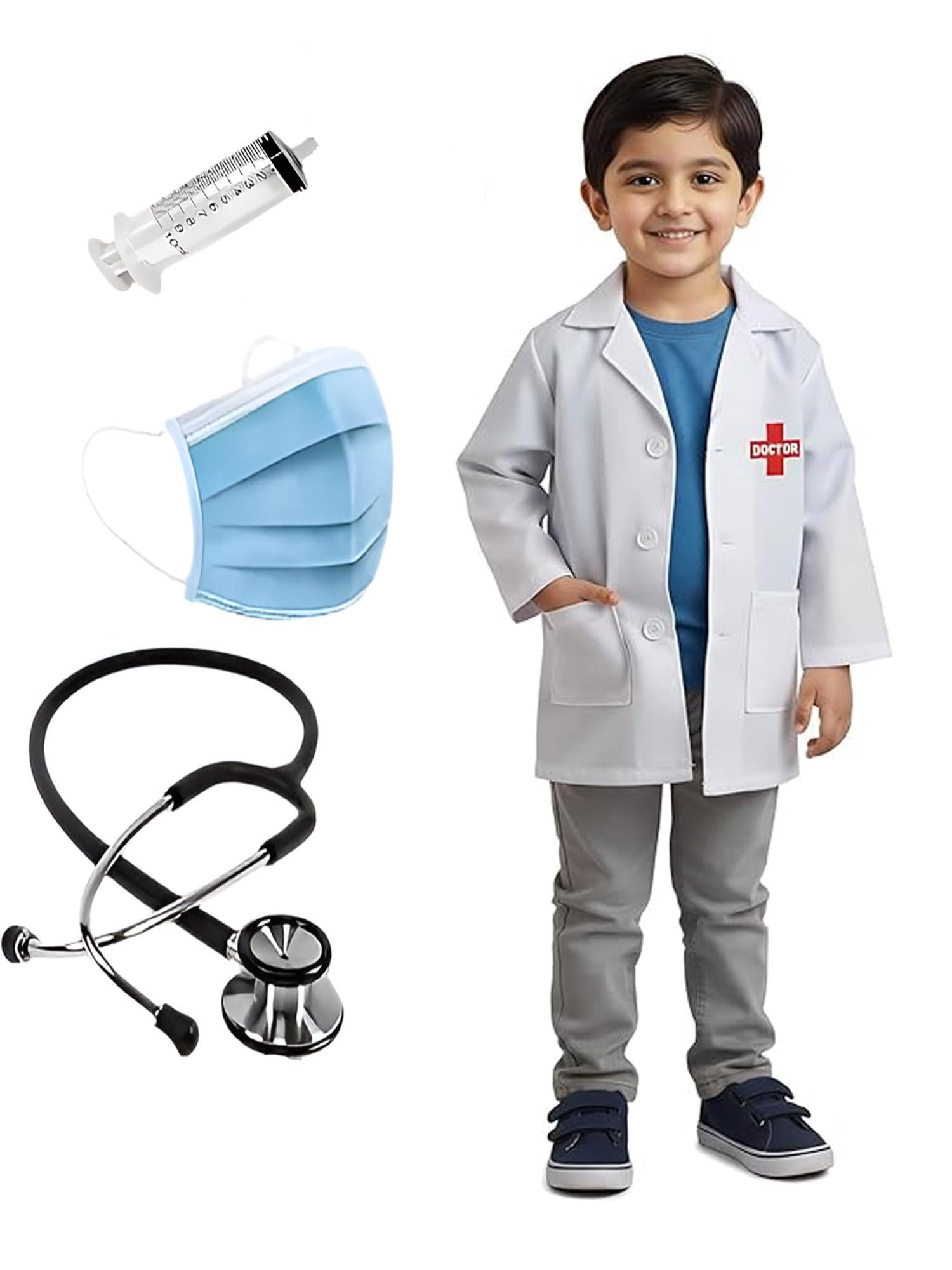 Doctor Costume for Kids - Doctor Costume for Kids for Role Play - Including Accesories Stethoscope, Syringe, Mask, Cap, & Gloves - Doctors Coat for Kid 2-8 Year-image-17