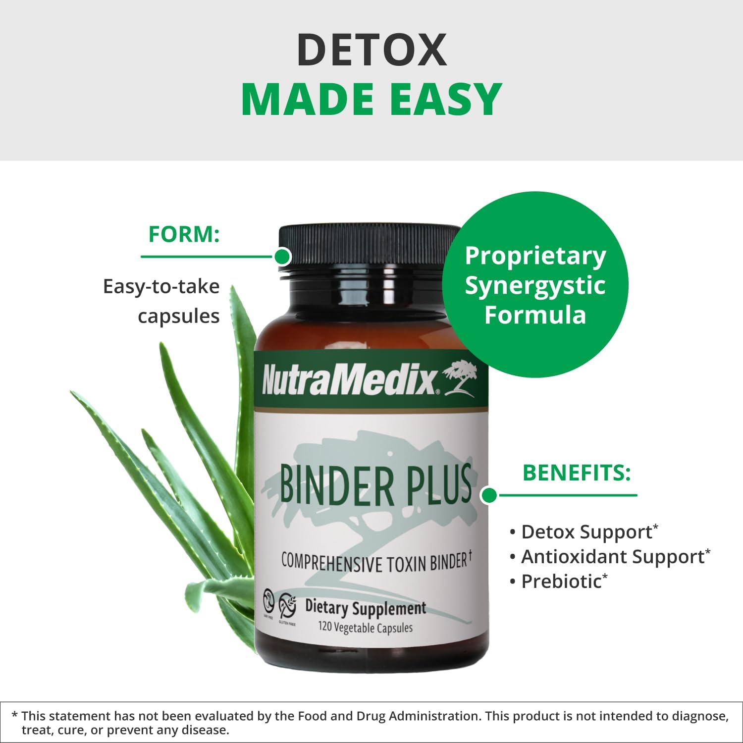 NutraMedix Binder Plus - Comprehensive Toxin Binder & Body Detoxifier - Prebiotic Antioxidant Support + Inulin, Bentonite, Aloe Vera, Activated Charcoal, Fulvic Minerals & Chitosan (120 Capsules)