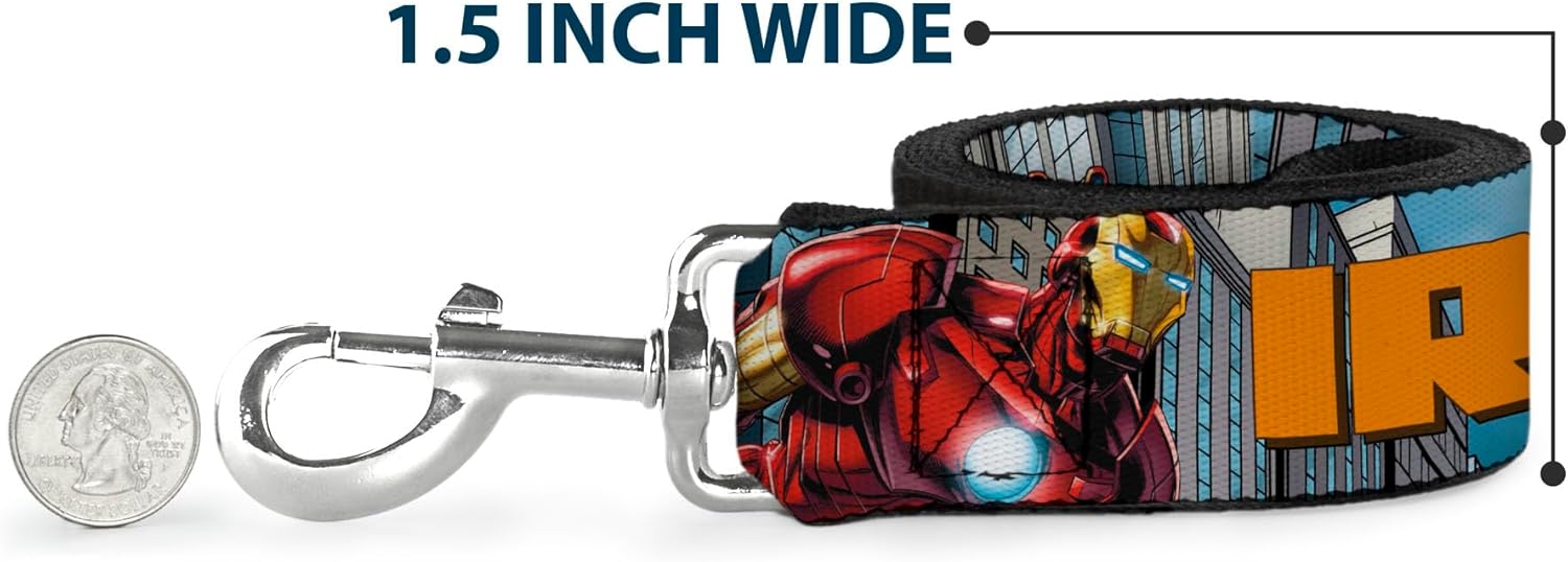 Buckle-Down Dog Leash Iron Man Avengers Logo Cityscape 6 Feet Long 1.0 Inch Wide, Multicolor (DL-6FT-WIM015)