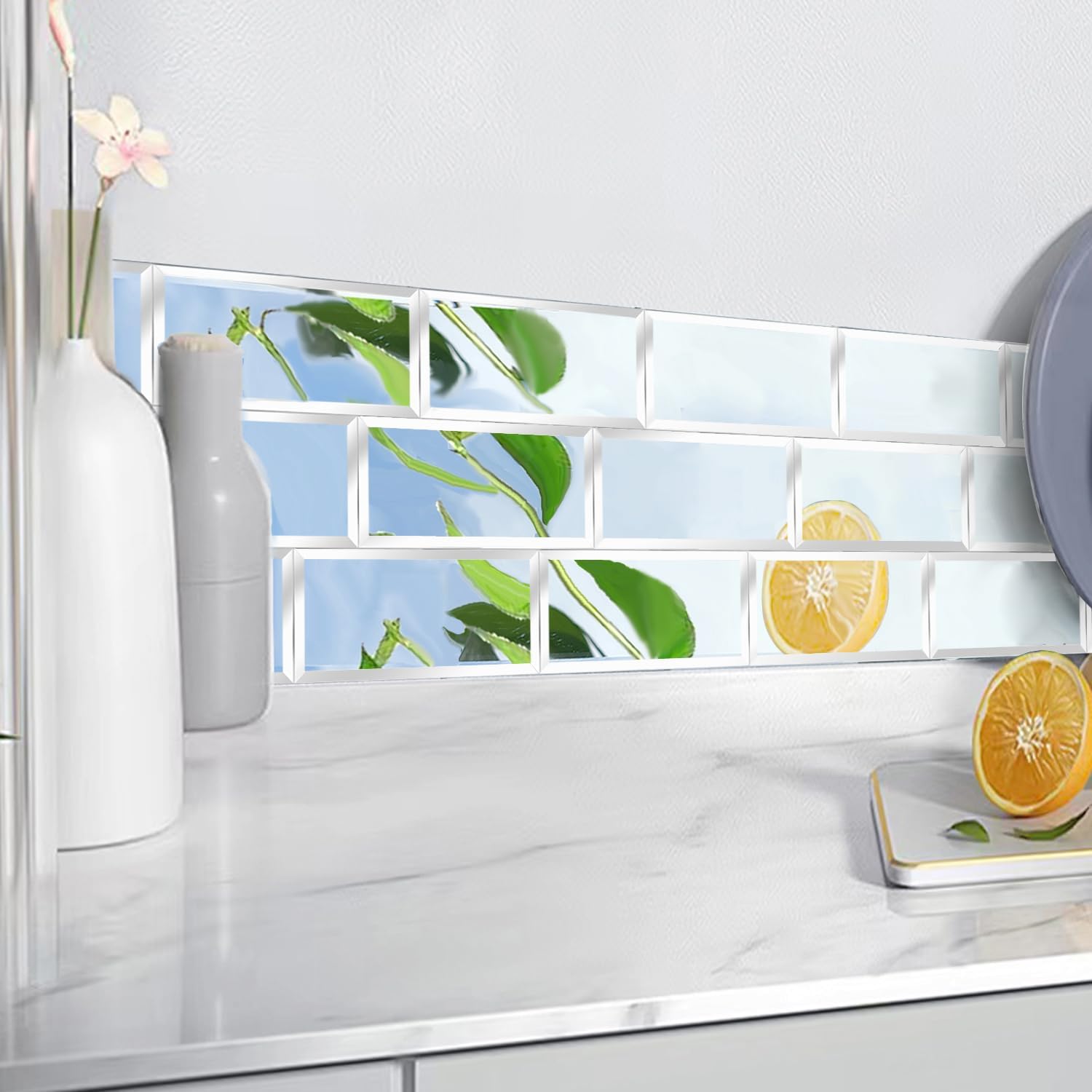 40 Pcs Peel and Stick Beveled Mirror Glass Tile.6x3 Inch Mirror Backsplash Tiles. Cute Mirror Strip Tile for Kitchen, Bathroom Wall. 40 Pcs