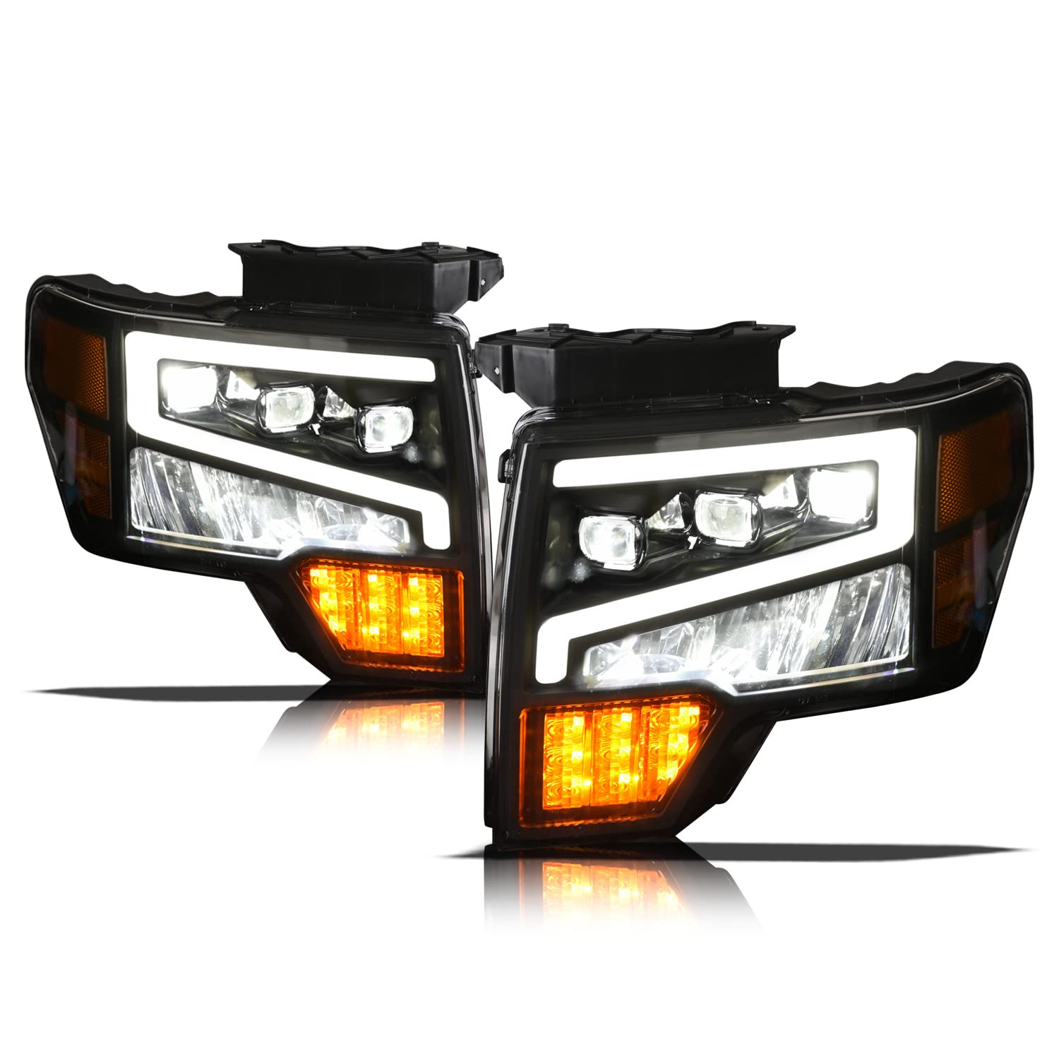 7162952 Tri-Pro Series Full LED Projector Headlights With White LED Light Bar & Sequential Signal - Black Amber Fits 2009-2014 Ford F150 Halogen Models