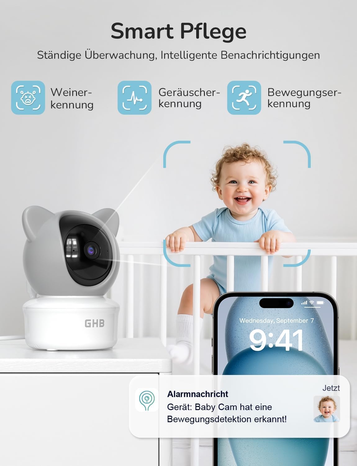 GHB Babyphone mit Kamera App WiFi IPS 5 Zoll 2K WLAN Babyphone PTZ 350°/65° Bewegungs-/Geräusch-/Weinerkennung Nachtsicht VOX 4 Zoom
