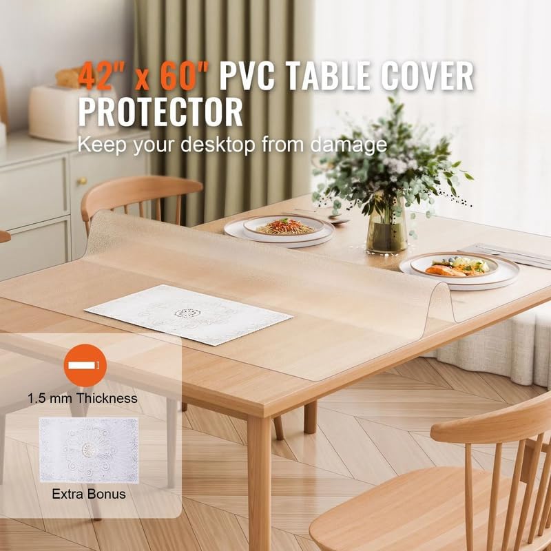 Frosted PVC Table Protector 42x60 in 1.5 mm Thick, Rectangle Clear Desk Mat with Waterproof and Easy-Clean Surface, Scratch & Heat-Resistant Table Cover for Office Dresser Dining Room Night Stand