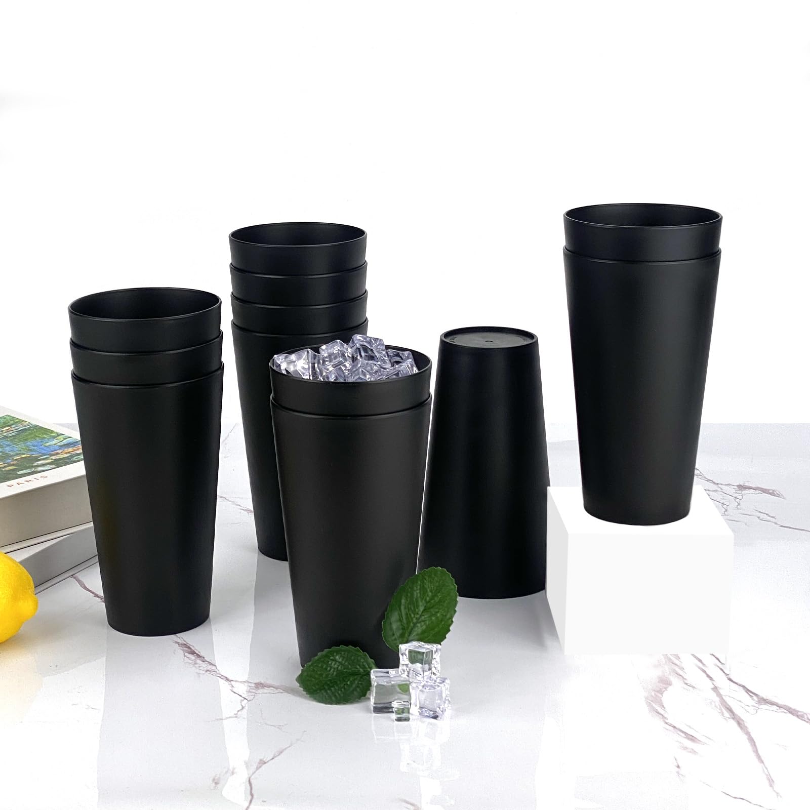 Juego de 12 vasos de plástico irrompibles, 32 onzas (color negro)