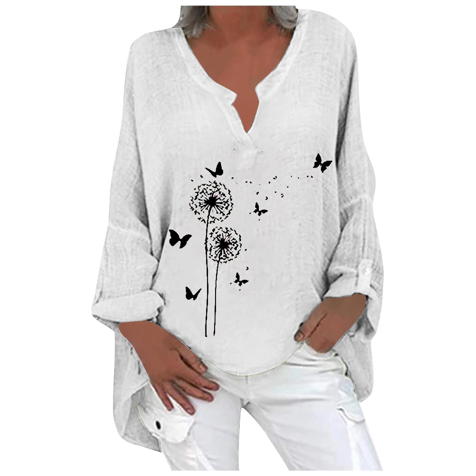 GenericWomens 2023 Cotton Linen Summer Spring Tops Long Sleeve V Neck Casual Loose Tunic Tops Comfy Blouses