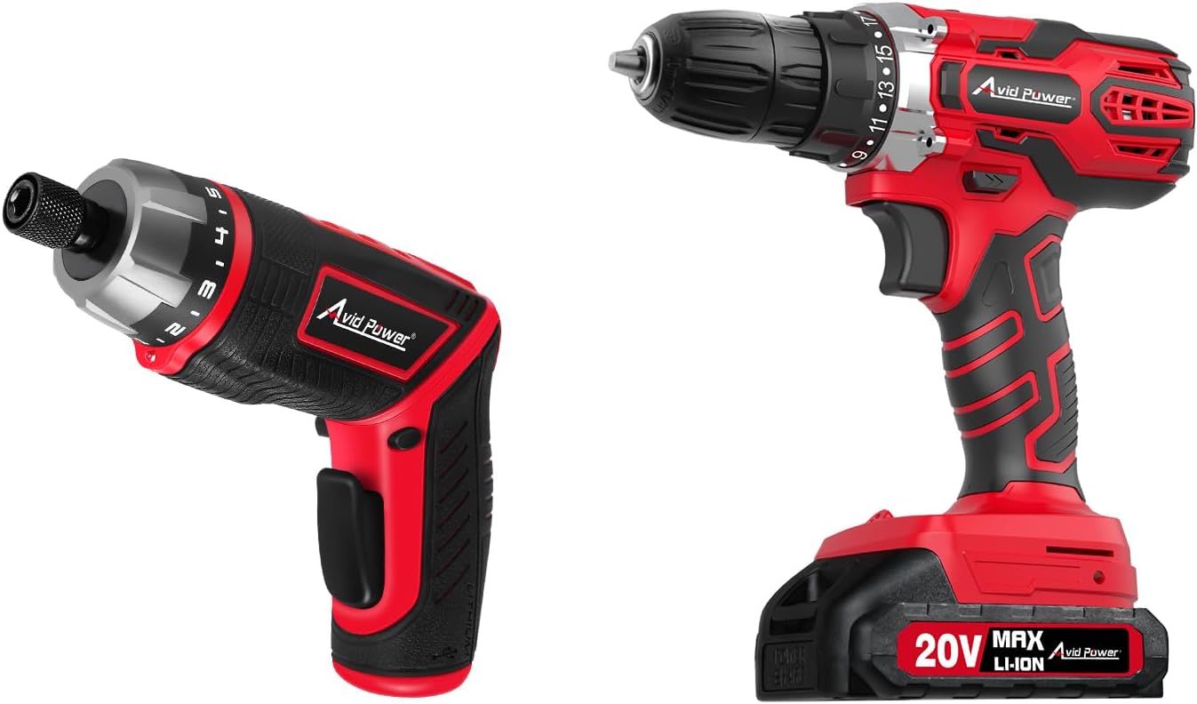 AVID POWER Rechargeable 4V Cordless Screwdriver Kit, 5.65Nm Screw Gun bundle with 20V Power Drill Set, Cordless Drill Set with Battery and Charger, 2 Variable Speed, 3/8-Inch Keyless Chuck