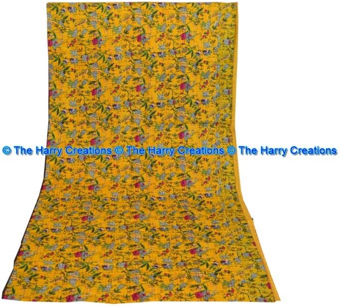 The Harry Creations 100% Cotton Indian Quilt Bed Cover Cover Bed Kantha Art Crafted Paradise Print Handmade Blanket Bedding Bedspread Bohemian Ethnic Quilt (Yellow, King 90" x 108")