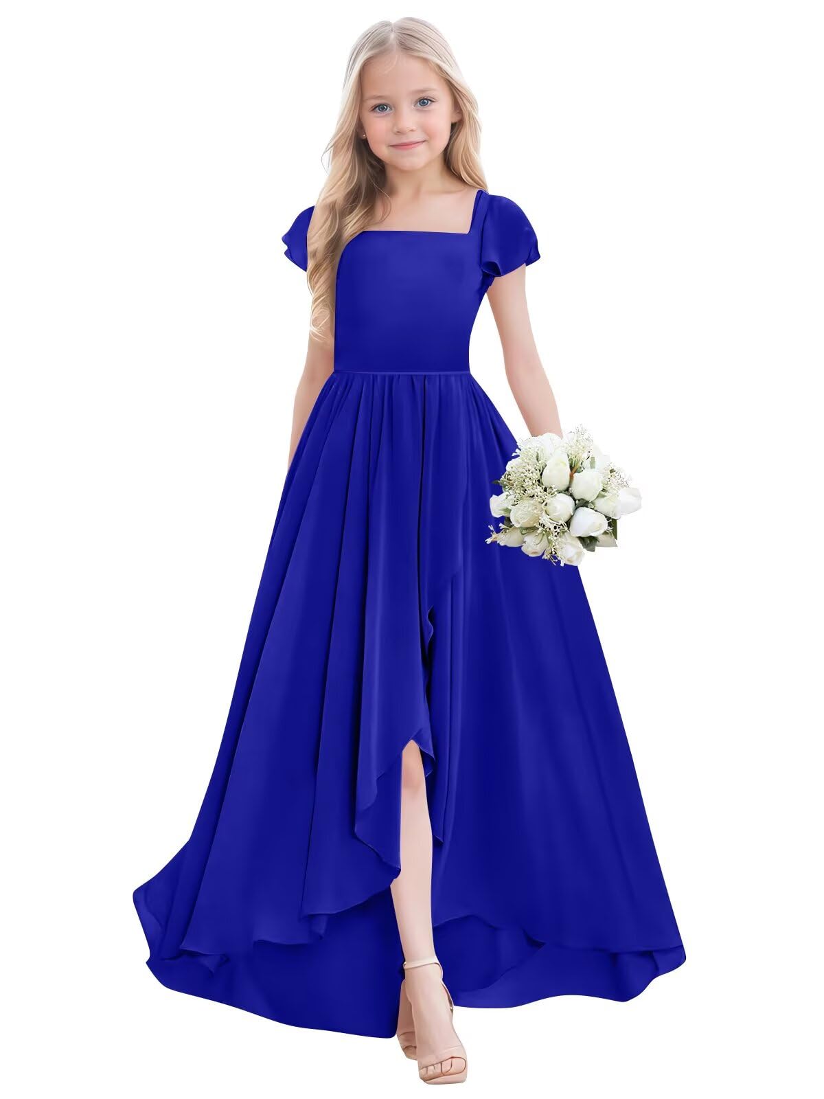 Junior Bridesmaid Dress for Wedding Chiffon Short Sleeve A Line High Low Flower Girl Dresses for Teens