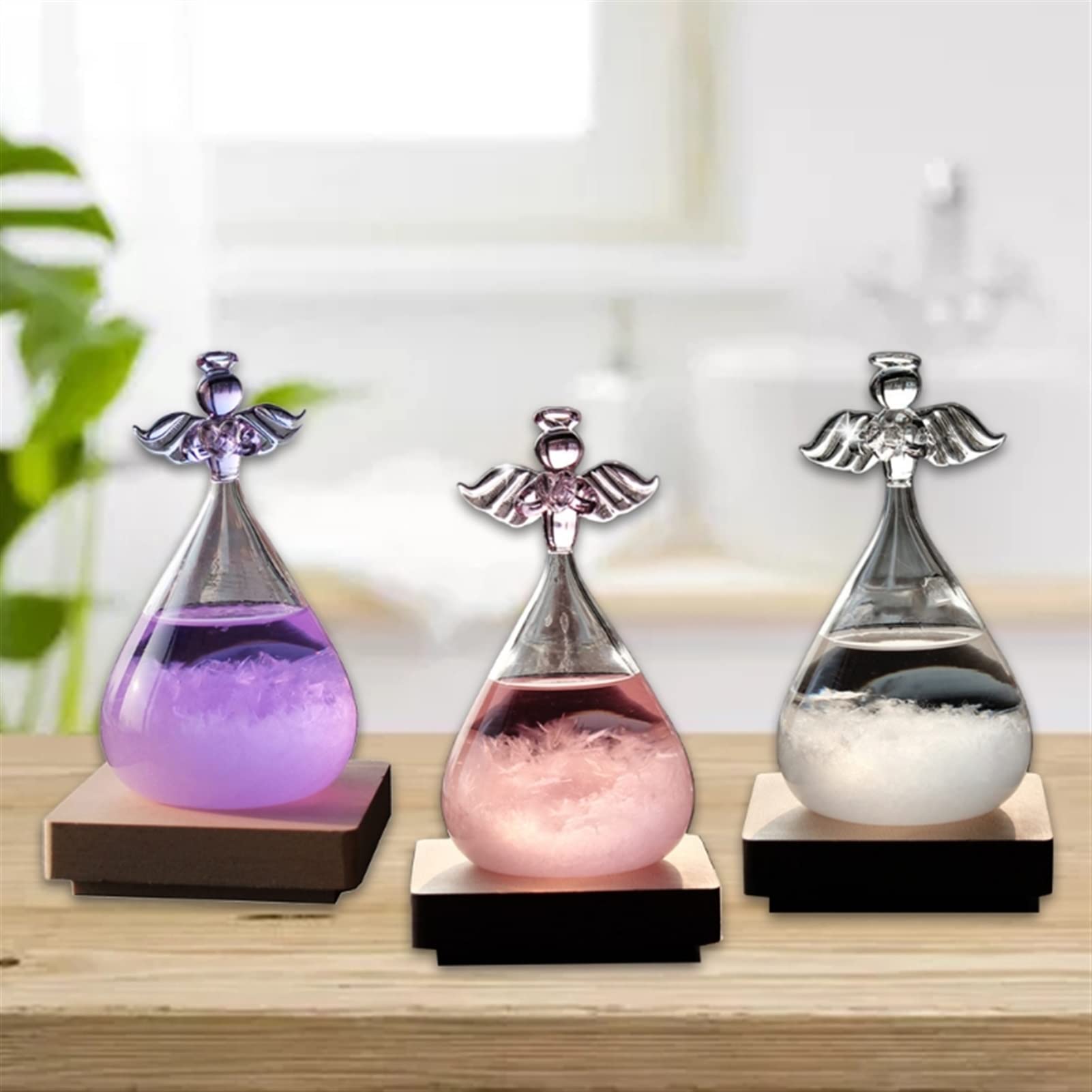 Kristall Angel Sturm Glas Wettervorhersage Holz Basisflasche Wetter Barometer Wohnkultur Ornament (Color : Pink)
